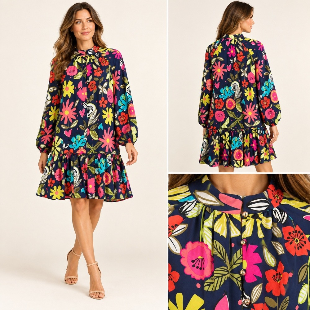 Trina Turk XS Silk Mini Dress Floral Navy Blue Mock Neck Long Sleeve Ruffle Hem